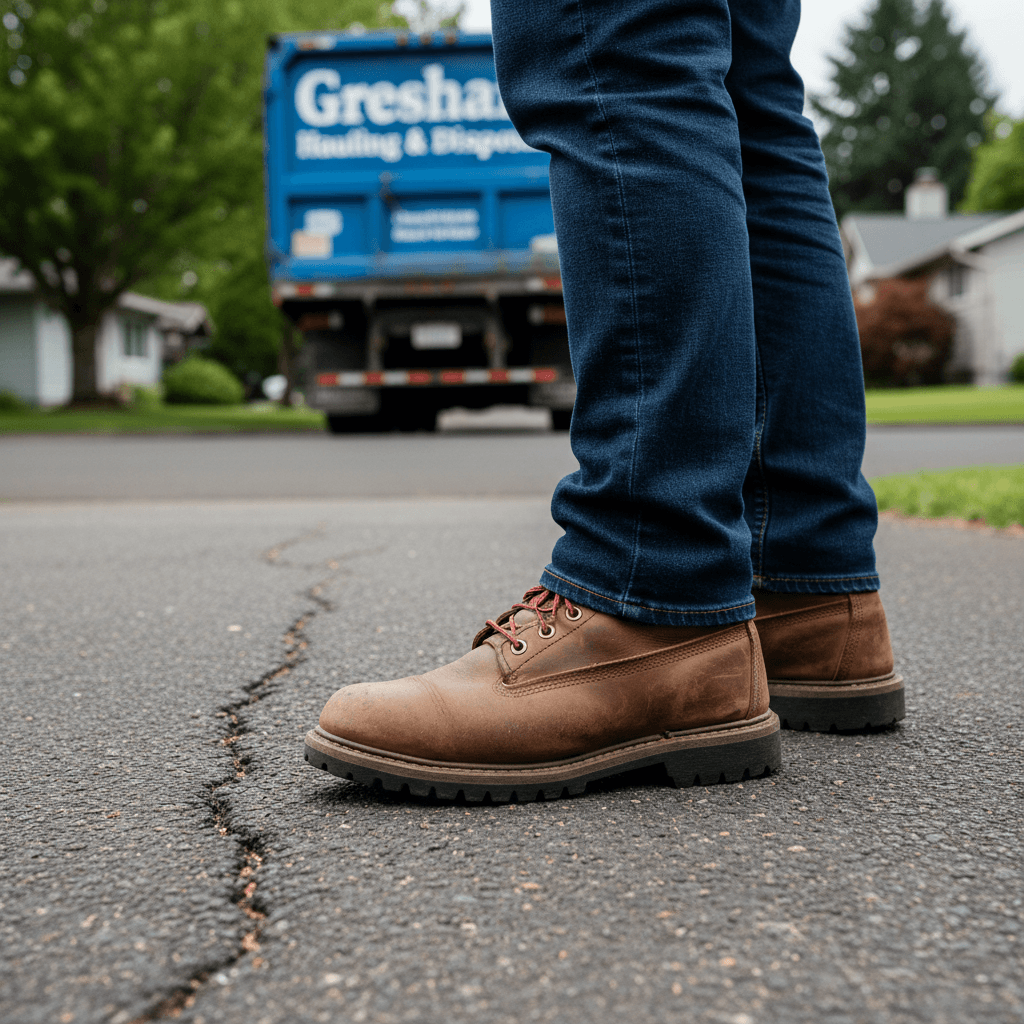 Work boots on a driveway with a truck in the background