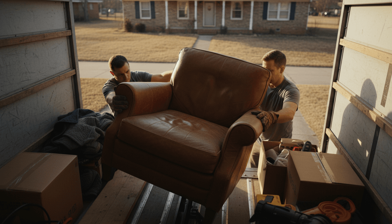 Junk removal crew loading a sofa into a large truck parked in a driveway