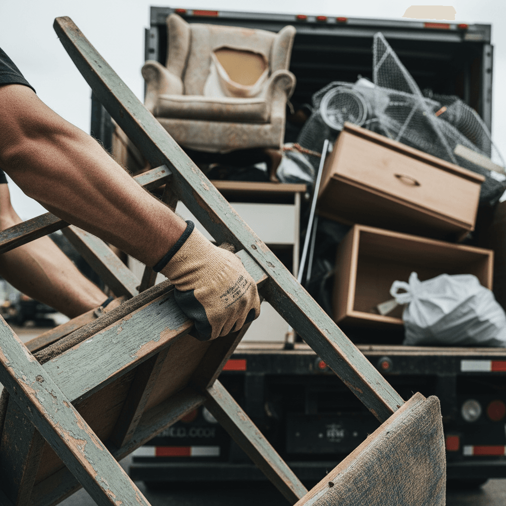 Loading broken furniture into a pickup truck