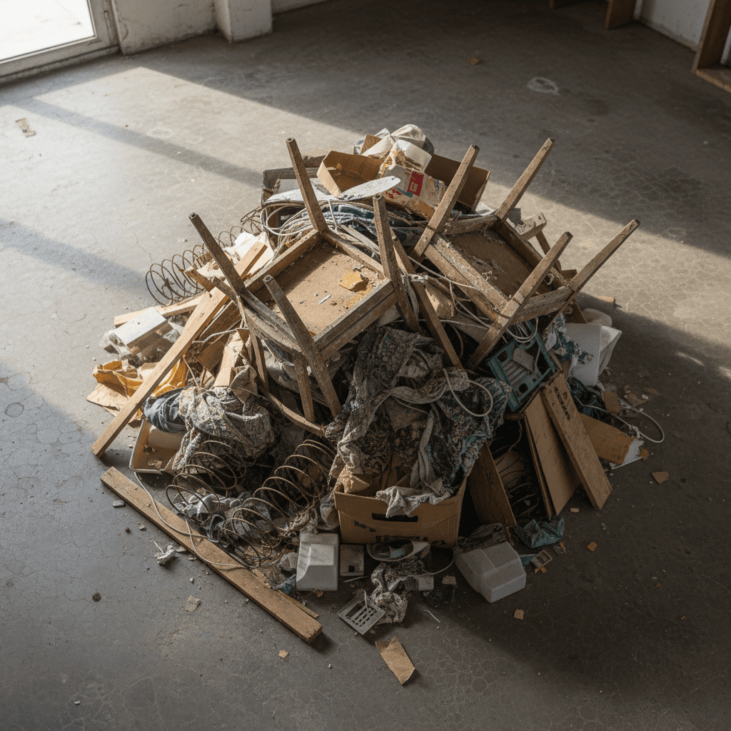 Pile of household junk and old furniture in a garage