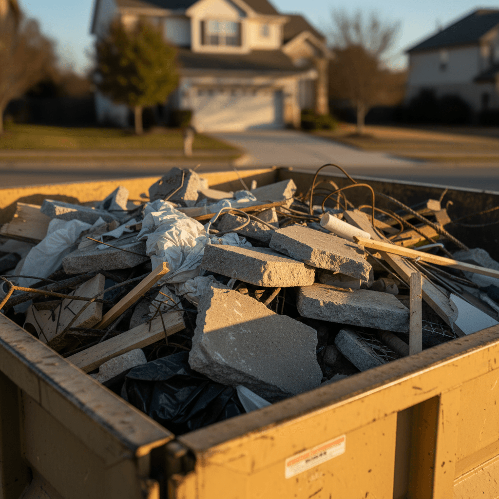 Construction debris in a dumpster with workers nearby
